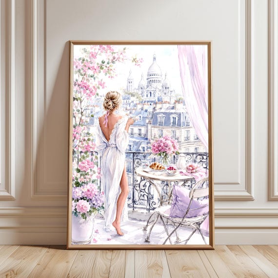 Parisian Balcony Wall Art Sacre Coeur Watercolor Painting Paris Woman Print French Decor