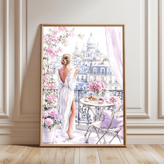 Parisian Balcony Watercolor Sacre Coeur Morning Croissant Poster
