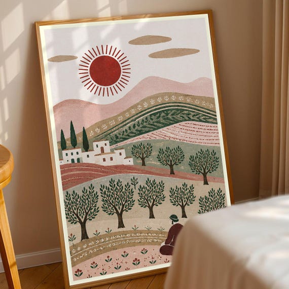 Boho Mediterranean Landscape Print Village Olive Grove Wall Art Red Sun Field Bohemian Decor