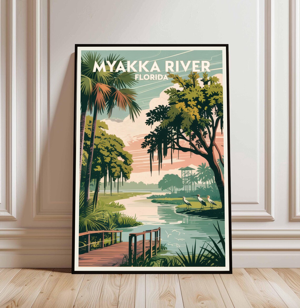 Myakka River Florida Sunset Boardwalk Palm Vintage Travel Poster