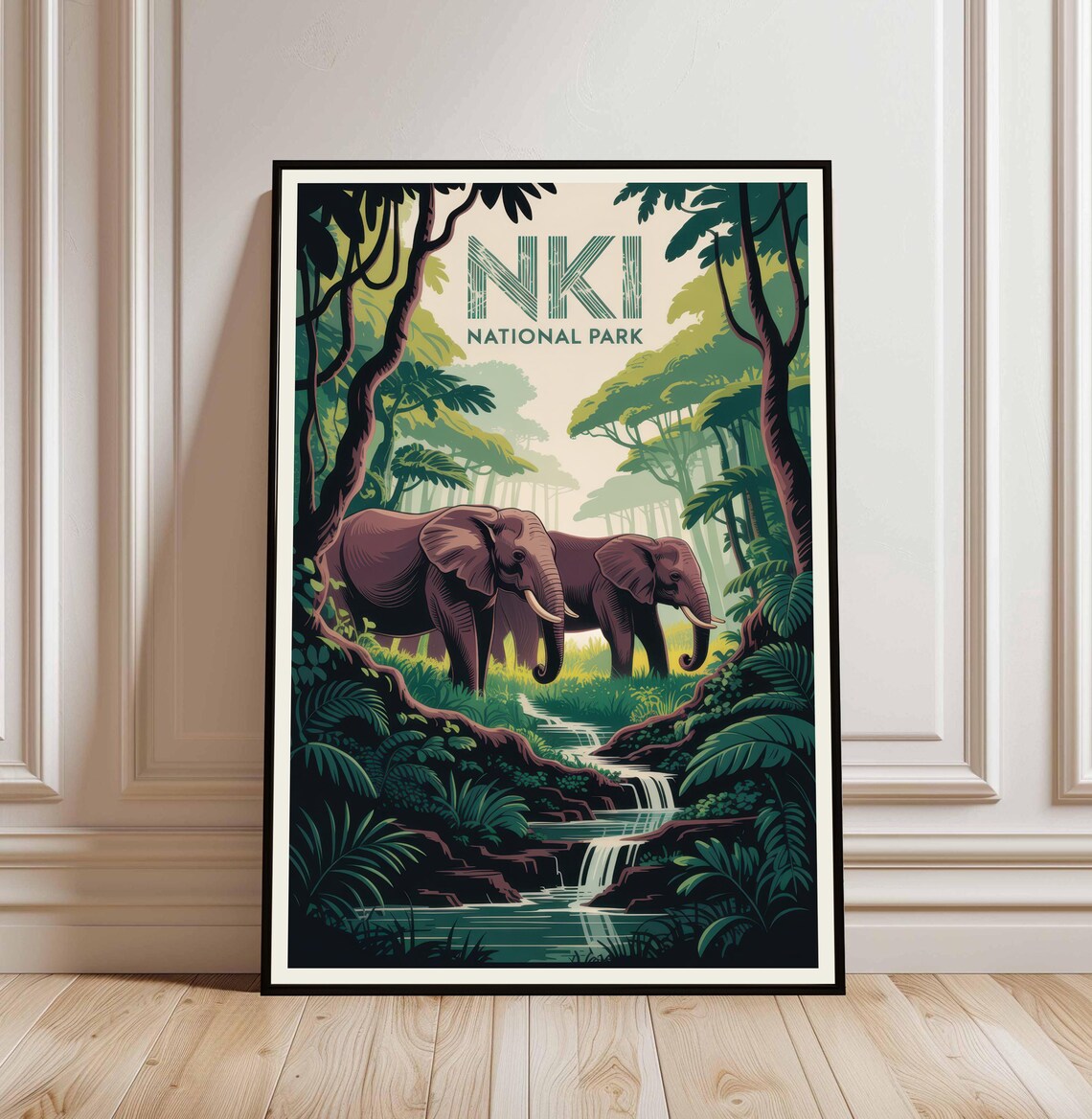 Nki National Park Elephants Jungle Waterfall Vintage Travel Poster