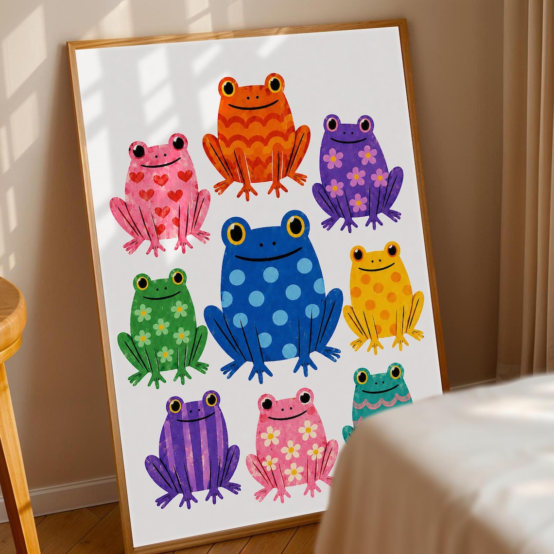 Colorful Cartoon Frogs, Whimsical Animal Poster