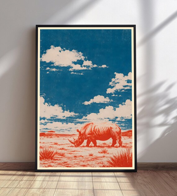 Rhinoceros Safari Animal Print Vintage Style Wall Art Wildlife Savanna Poster Blue Orange Decor