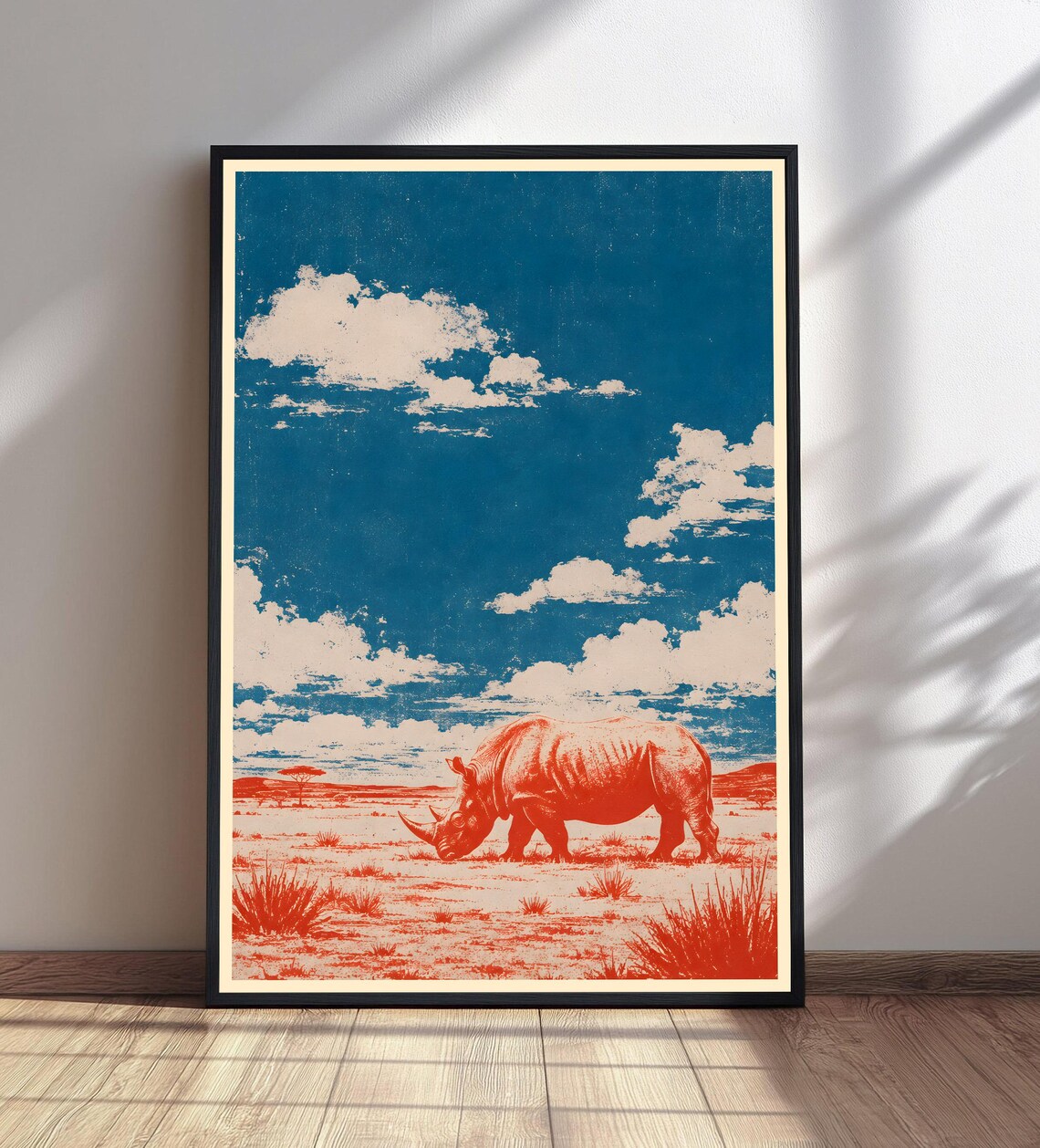 Rhinoceros Savanna Two Tone Red Blue Retro Wildlife Art Poster