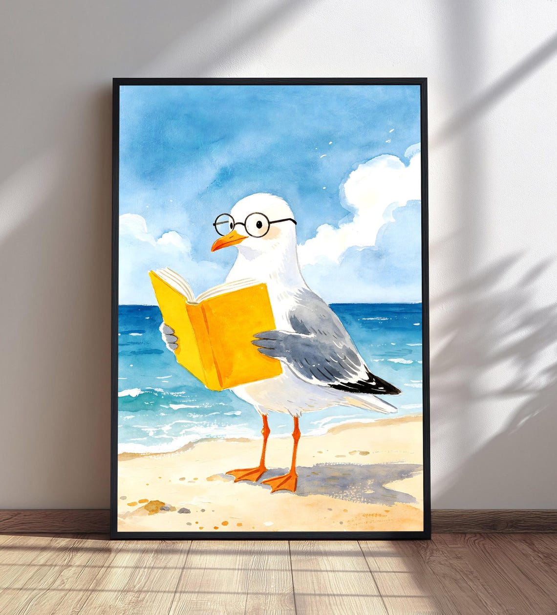 Seagull Reading Book Beach Watercolor Funny Bird Coastal Poster