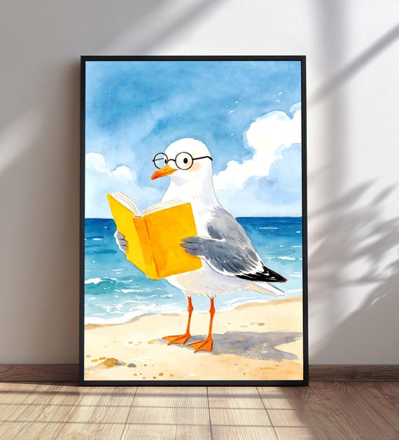 Seagull Reading Book Print Watercolor Animal Wall Art Beach House Decor Coastal Bird Lover Gift