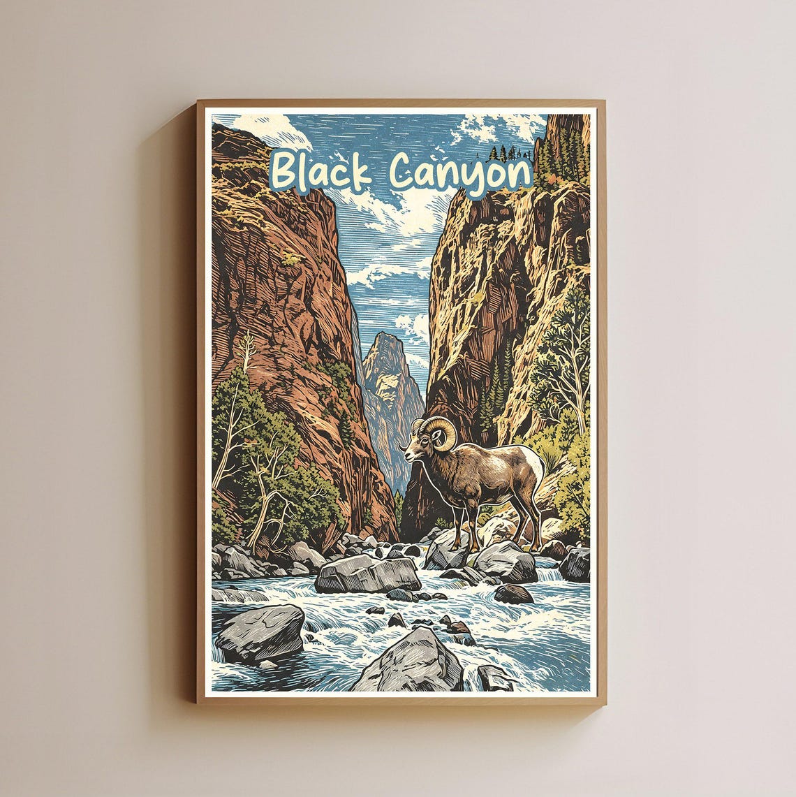 Black Canyon Bighorn Sheep River Vintage National Park Poster