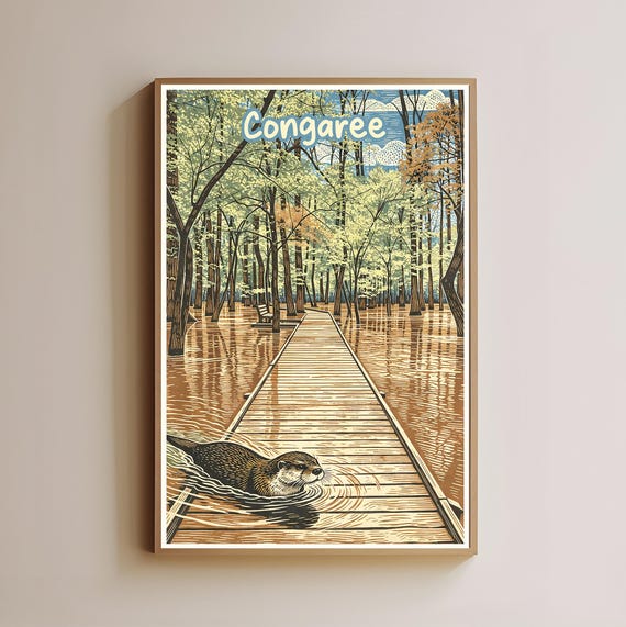 Congaree National Park Print Woodcut Style Poster Flooded Forest Wall Art Otter Nature Decor