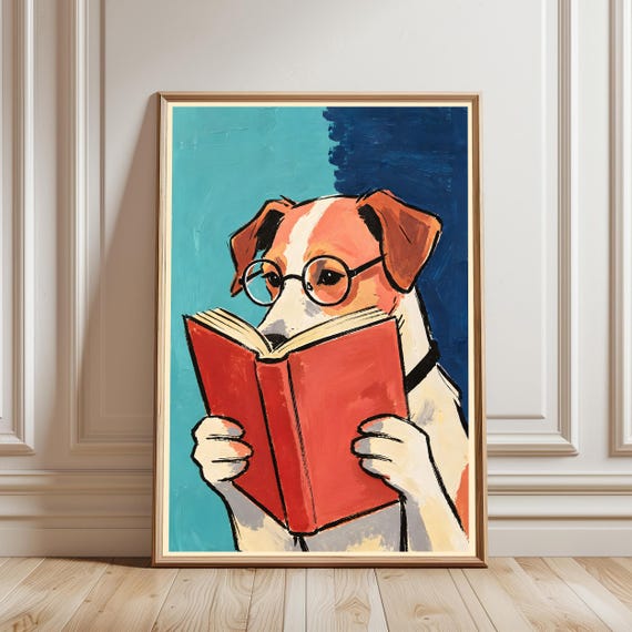 Jack Russell Art Print Dog Reading Book Wall Abstract Pet Portrait Lover Gift