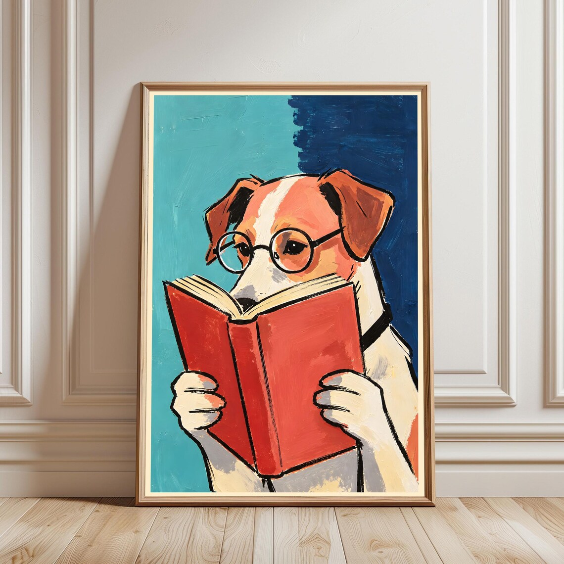 Jack Russell Terrier Reading Red Book Whimsical Painted Dog Portrait Poster