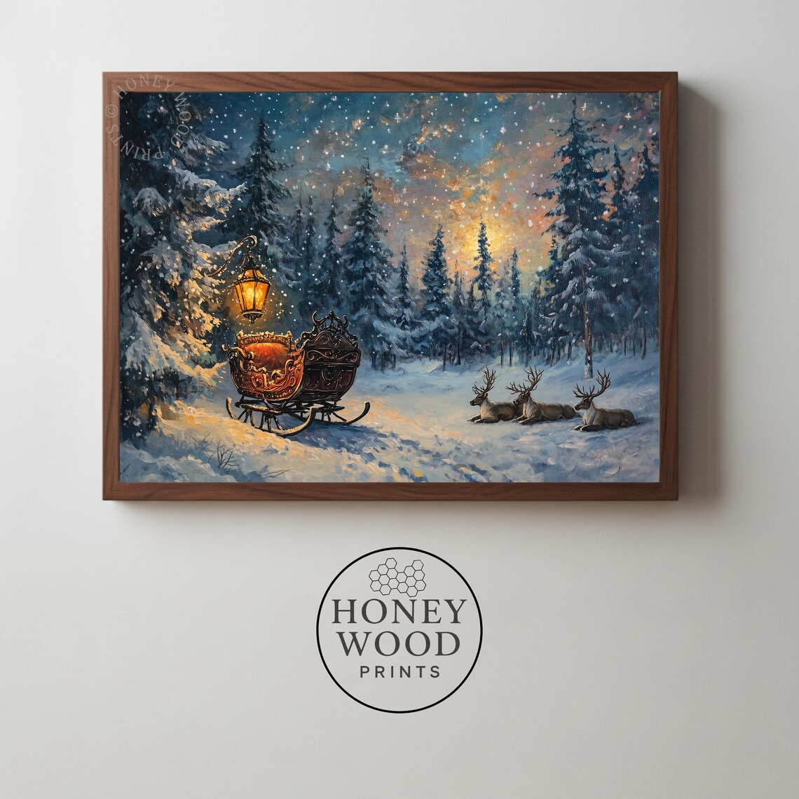 Santa Sleigh Reindeer Snowy Forest Night Vintage Holiday Scene Poster