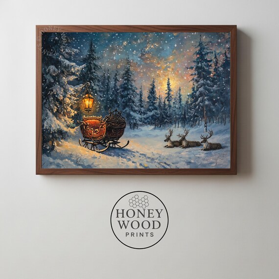 Santa Sleigh Reindeer Snowy Forest Night Vintage Holiday Scene Poster