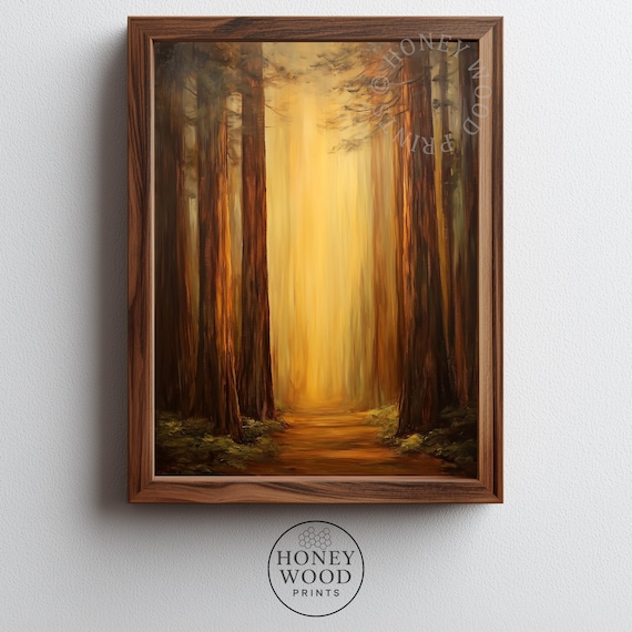 Moody Redwood Grove Wall Art Serene Forest Landscape Warm Rustic Decor Golden Light Downloads Ancient Trees Painting 4