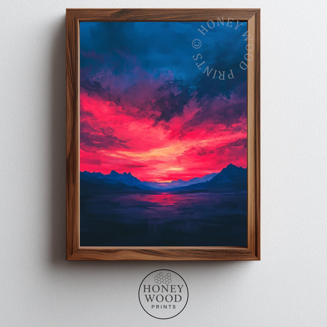 Dramatic Crimson Sunset Over Mountain Ridge Twilight Landscape Poster