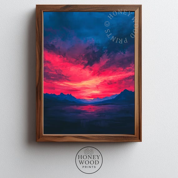 Twilight Sunset Over Mountain Ridge Dramatic Landscape Art Cinematic Crimson Blue Sky Earthy Wall Decor Painting 226