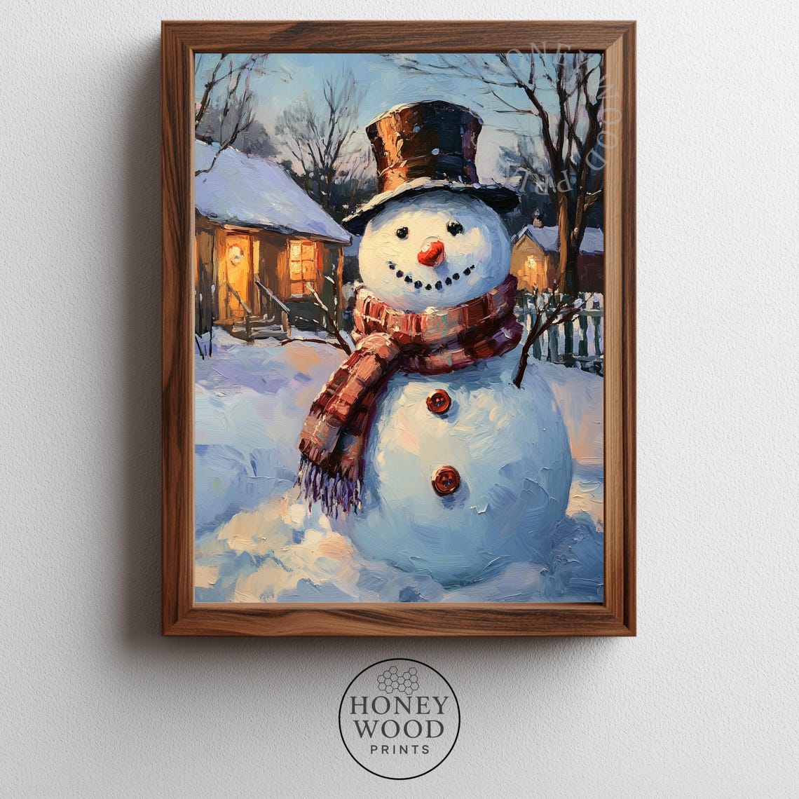 Smiling Snowman in Top Hat Winter Village Painting Art Poster