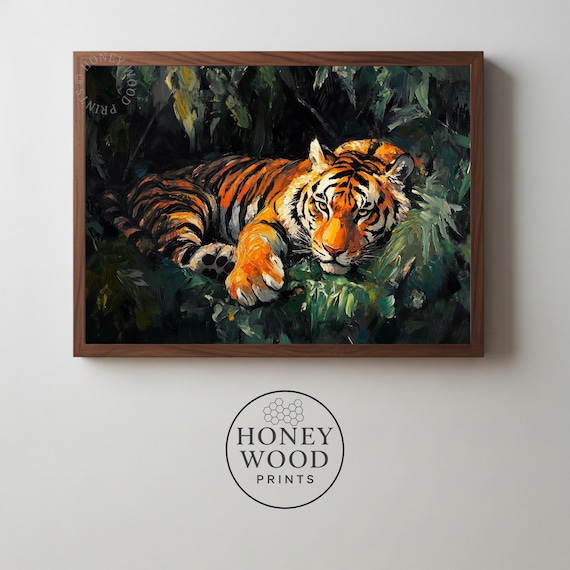 Moody Jungle Tiger Wall Art Dark Wildlife Painting Vintageinspired Nature Decor Textured Foliage 26