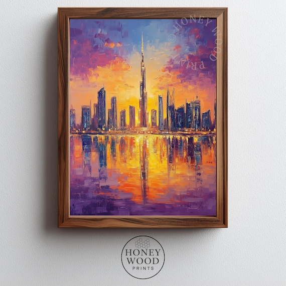Dubai Skyline Vibrant Burj Khalifa Cityscape At Sunset Moody Modern Textured Painting City Wall Art 221