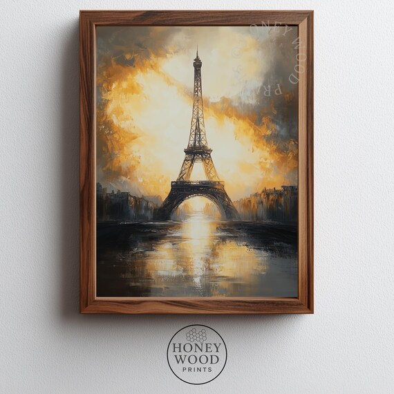 Eiffel Tower At Sunrise Romantic Parisian Wall Art Impressionistic Moody Cityscape Golden Glow 204