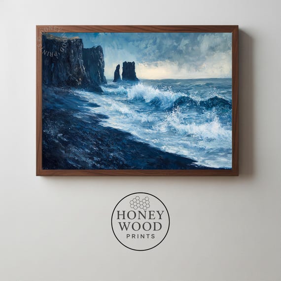 Moody Icelandic Black Sand Beach Dramatic Coastal Wall Art Stormy Seascape Painting Scenic Rock Formations 57