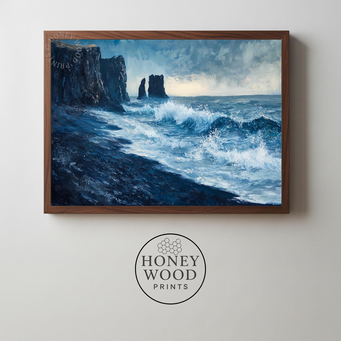 Iceland Black Sand Beach Stormy Sea Cliffs Moody Oil Painting Nature Poster