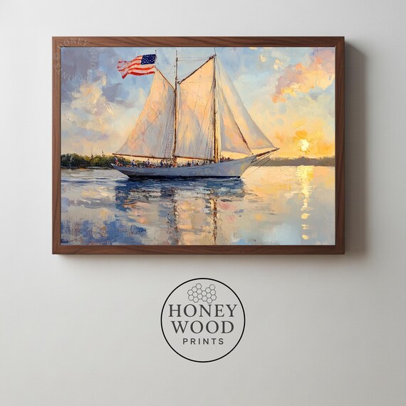 Vintage Sailboat at Sunset American Flag Nautical Painting Poster