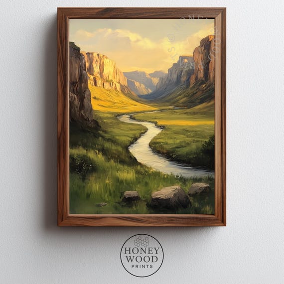 Rustic Winding River Landscape Pastoral Wall Art Serene Canyon Valley Scene For Farmhouse Decor 70