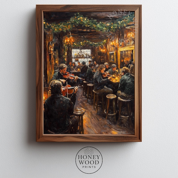 Vintage Irish Pub Music Session Fiddle Players Cozy Art Poster