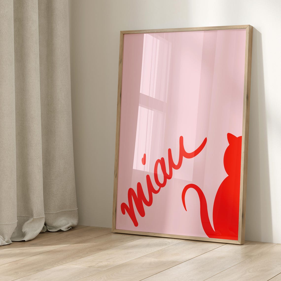 Miau Red Cat Silhouette Pink Playful Minimalist German Word Poster