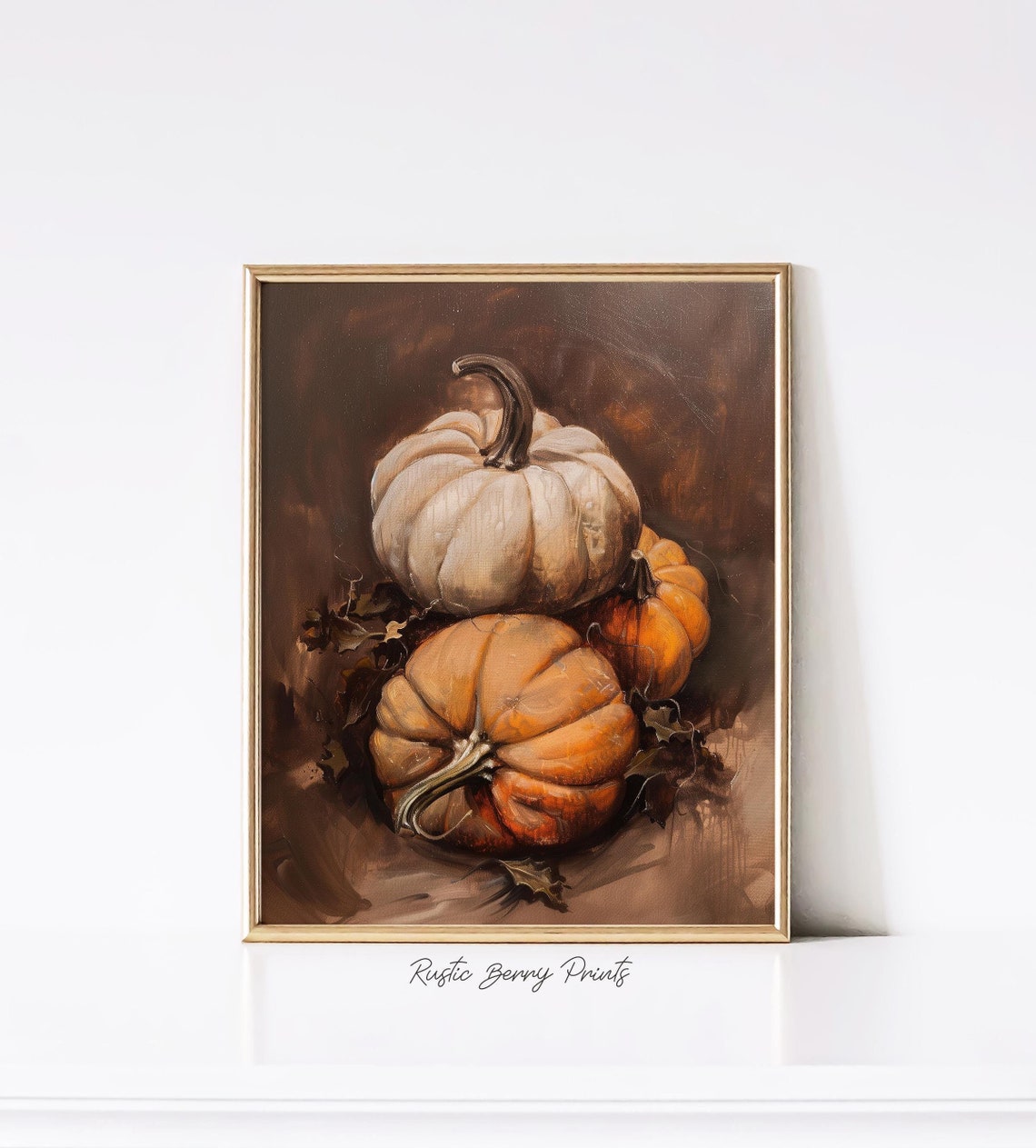 Stacked White Orange Pumpkins Moody Dark Oil Painting Art Print