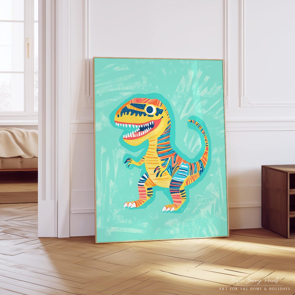 Colorful Cartoon T Rex Dinosaur Turquoise Kids Room Art Print - Image 4