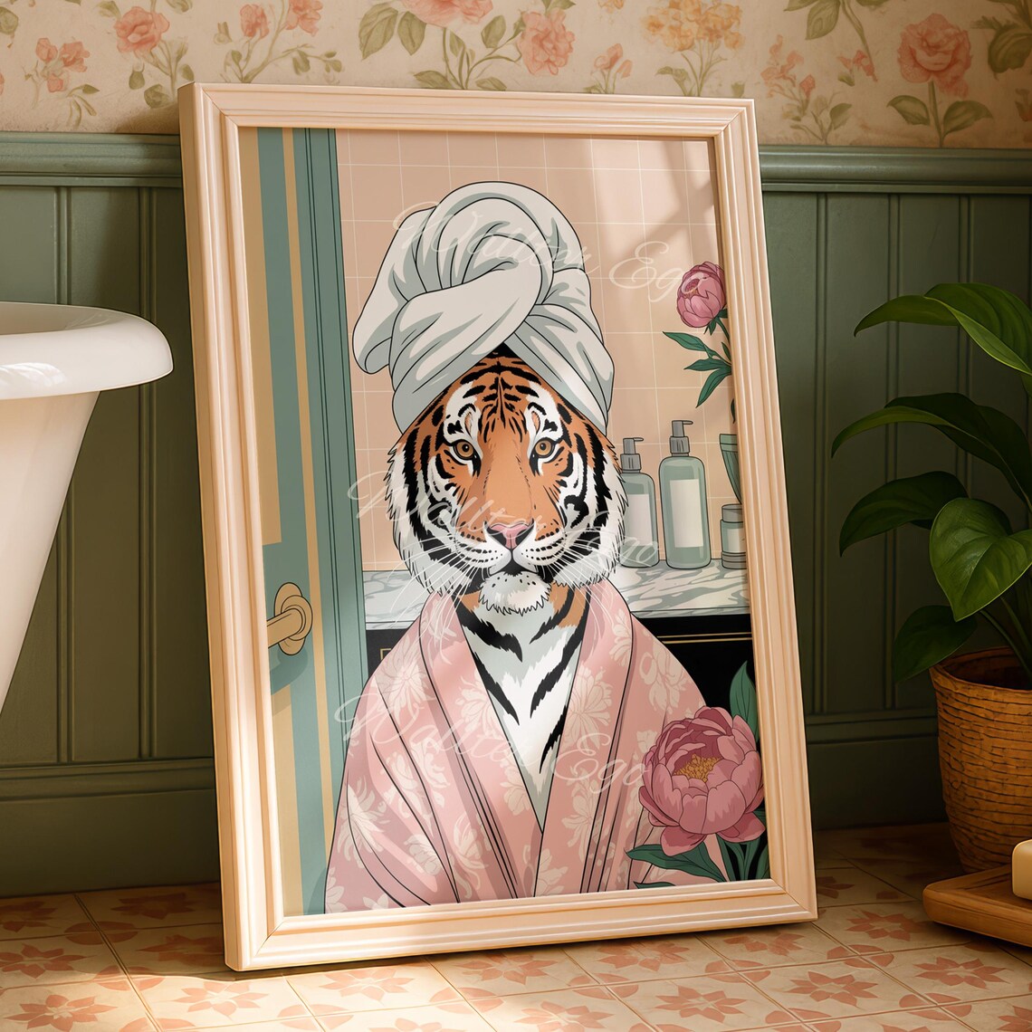 Tiger in Pink Bathrobe With Towel Turban Funny Spa Bathroom Poster