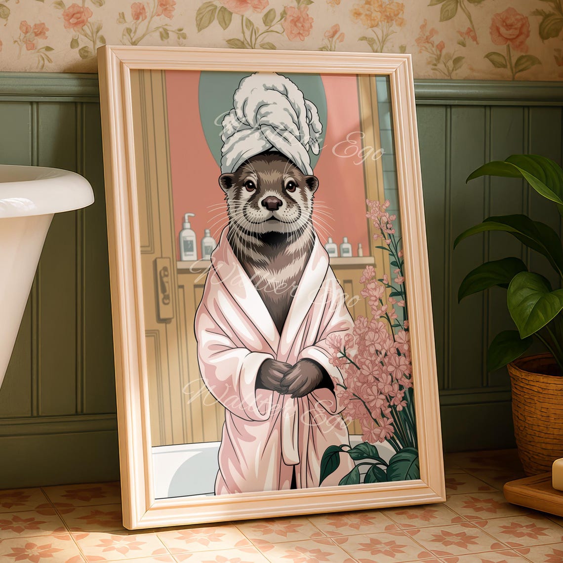 Cute Otter Spa in Pink Bathrobe and Towel Funny Bathroom Poster