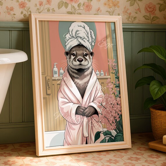 Cute Otter Spa in Pink Bathrobe and Towel Funny Bathroom Poster