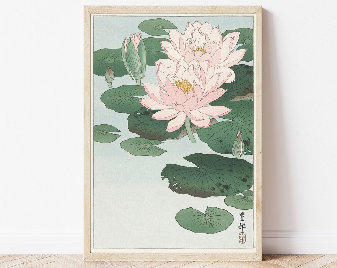 Ohara Koson Pink Water Lilies Lotus Blossom Japanese Woodblock Poster