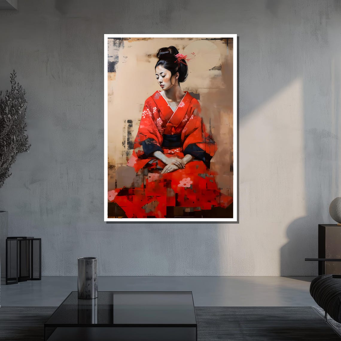 Seated Geisha In Red Kimono Soft Neutral Painterly Portrait Poster - Image 3