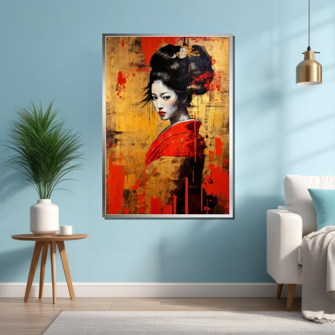 Bold Red Kimono Geisha Portrait On Gold Abstract Background Poster - Image 4