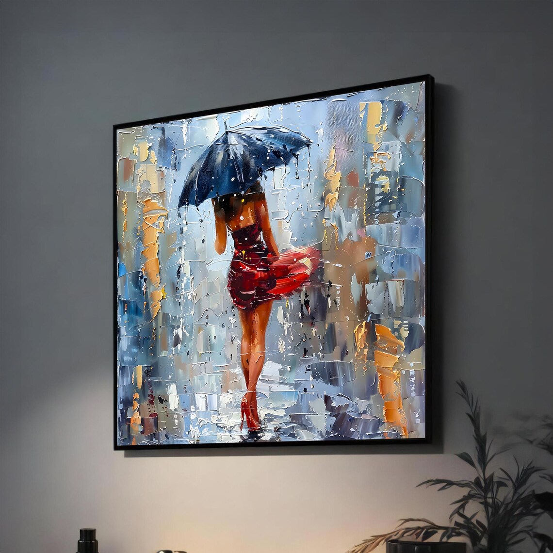 Lady In Red Dress With Umbrella Walking In Rainy City Poster
