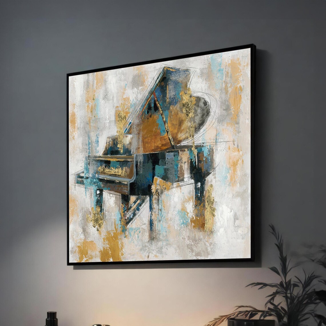 Abstract Grand Piano in Blue and Gold Music Poster for Music Room