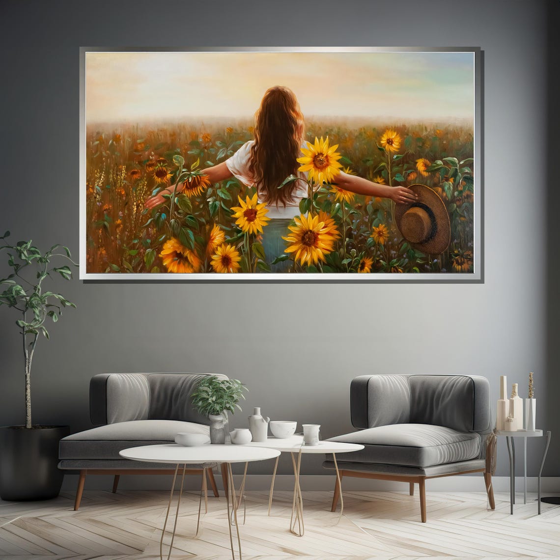 Woman With Arms Wide Open In Golden Sunflower Field Scene Poster - Image 4