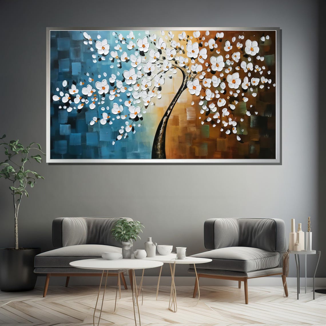 White Blossom Tree On Blue To Amber Gradient Background Poster - Image 4