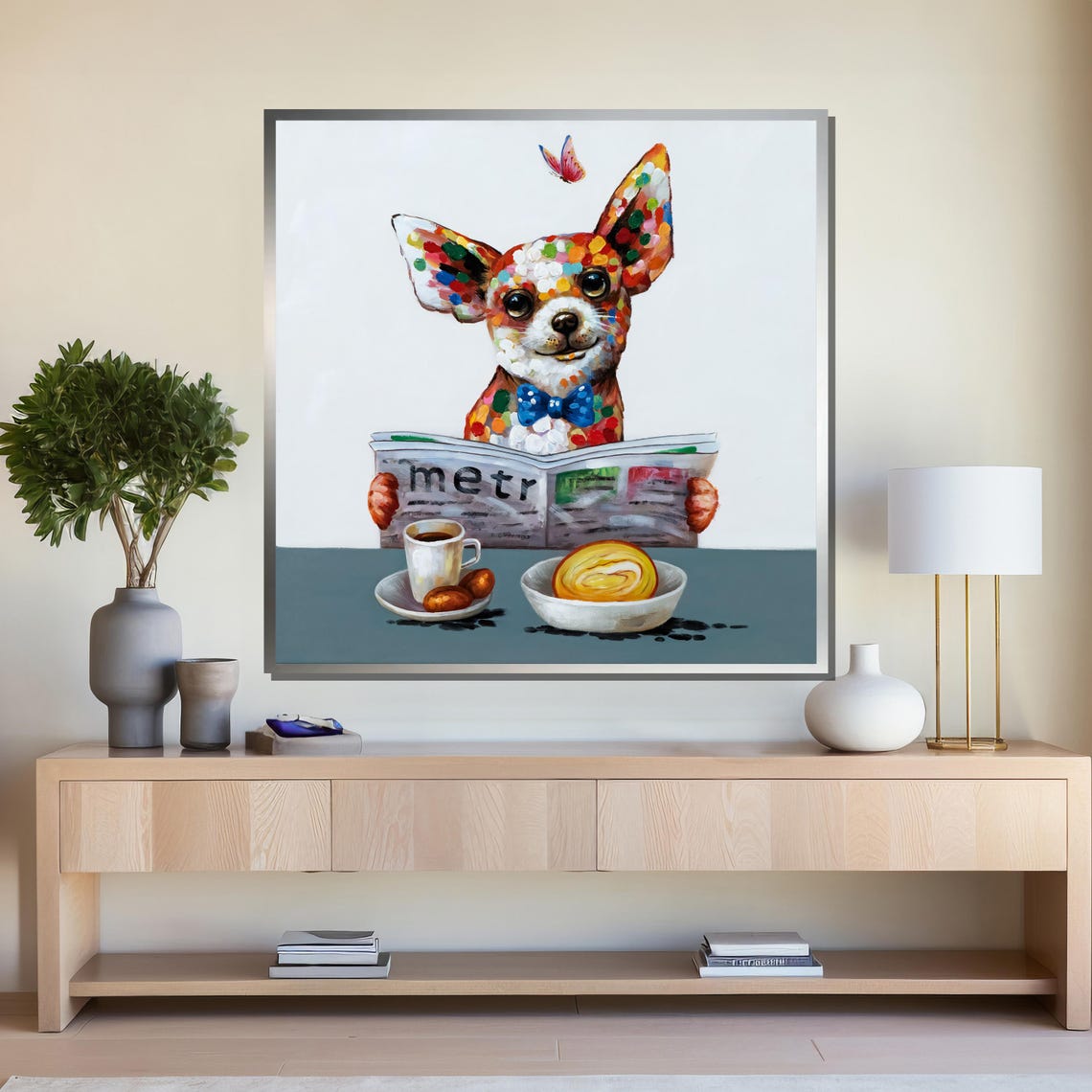 Chihuahua Reading Morning Newspaper Funny Polka Dot Dog Art Poster - Image 4