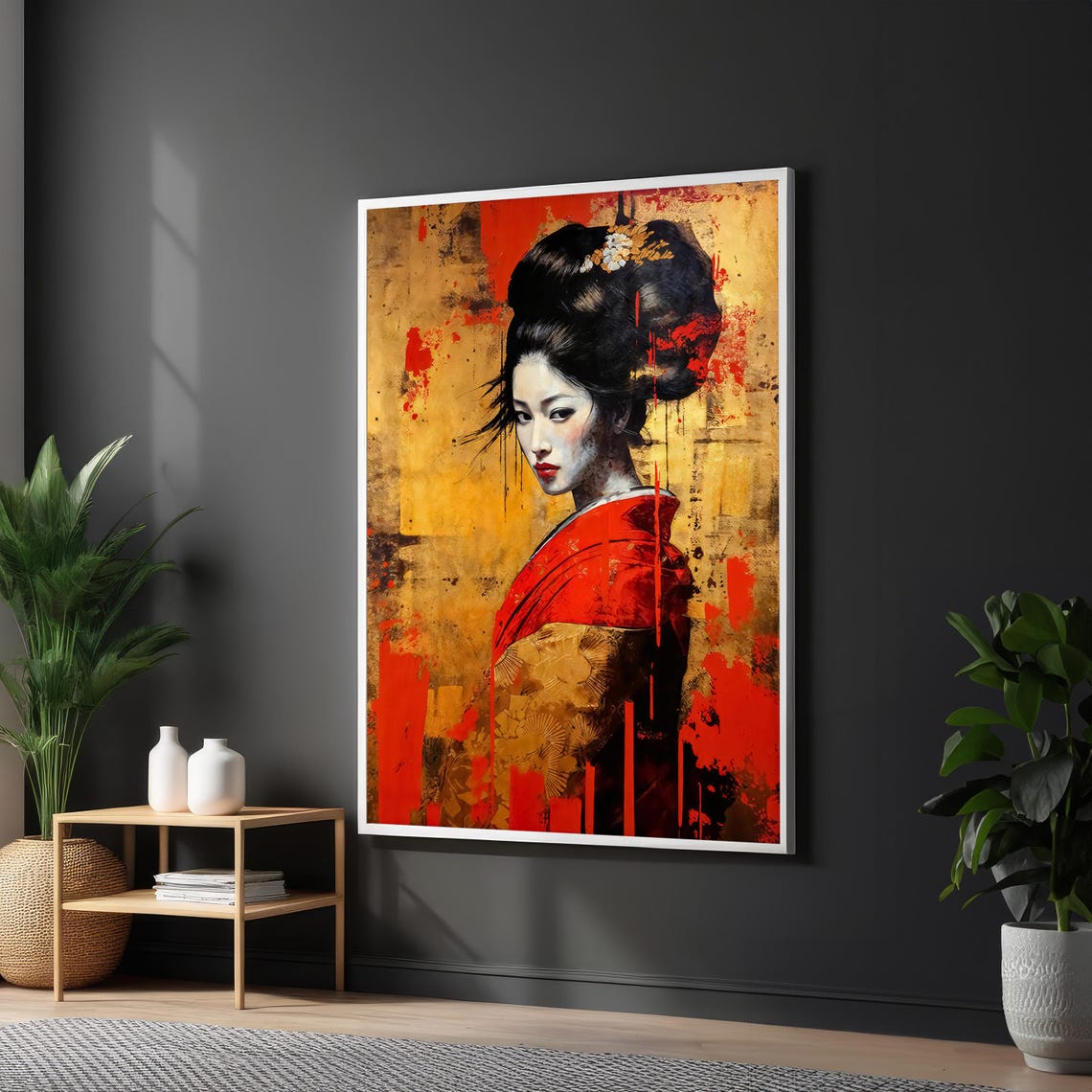 Bold Red Kimono Geisha Portrait On Gold Abstract Background Poster