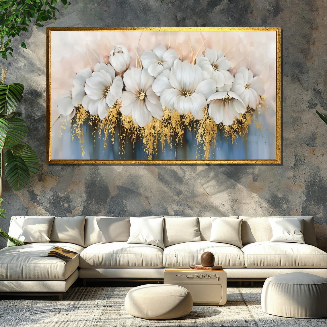 Elegant White Flower Wall Art With Gold Accents Luxury Modern Home Decor - Image 6