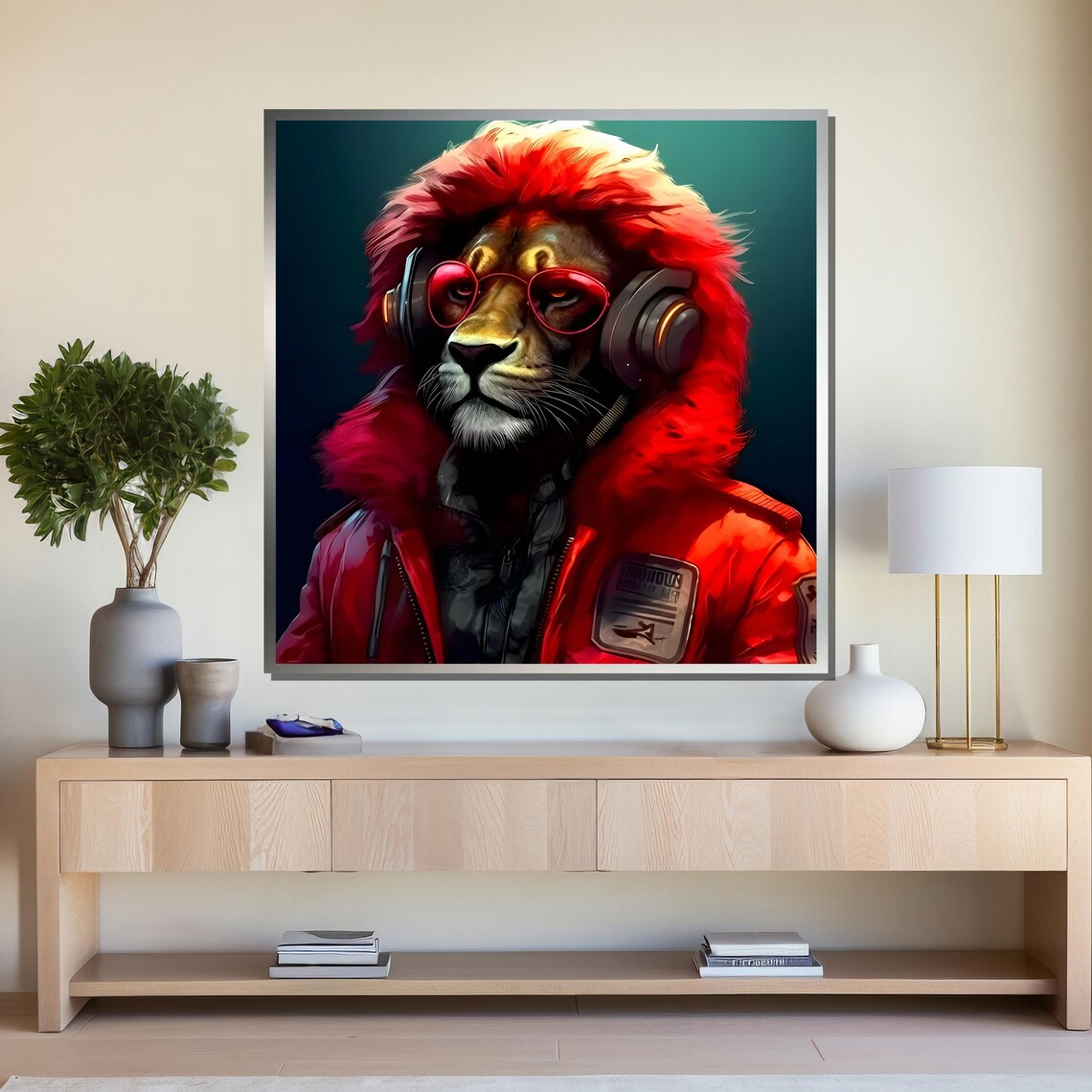 Cool Lion with Headphones Funky Music Animal Poster for Teen Room - Image 4