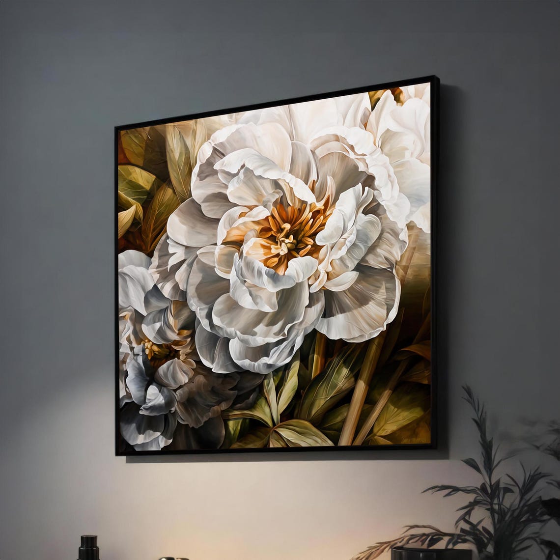 Elegant White Peony Flower Close-Up Painterly Floral Art Poster