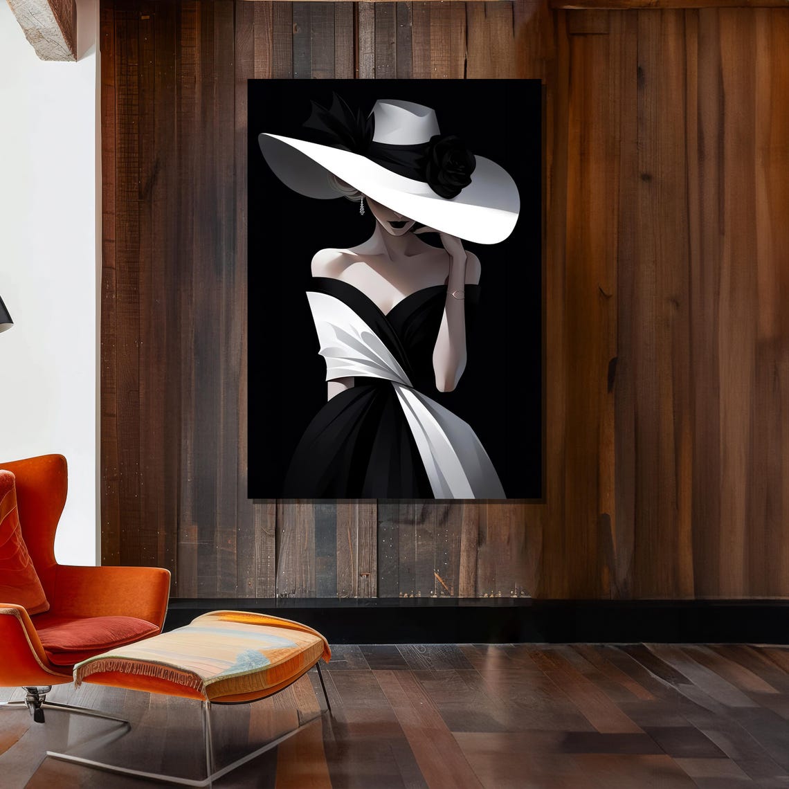 Chic Black And White Lady In Elegant Wide Brim Hat Fashion Poster - Image 2