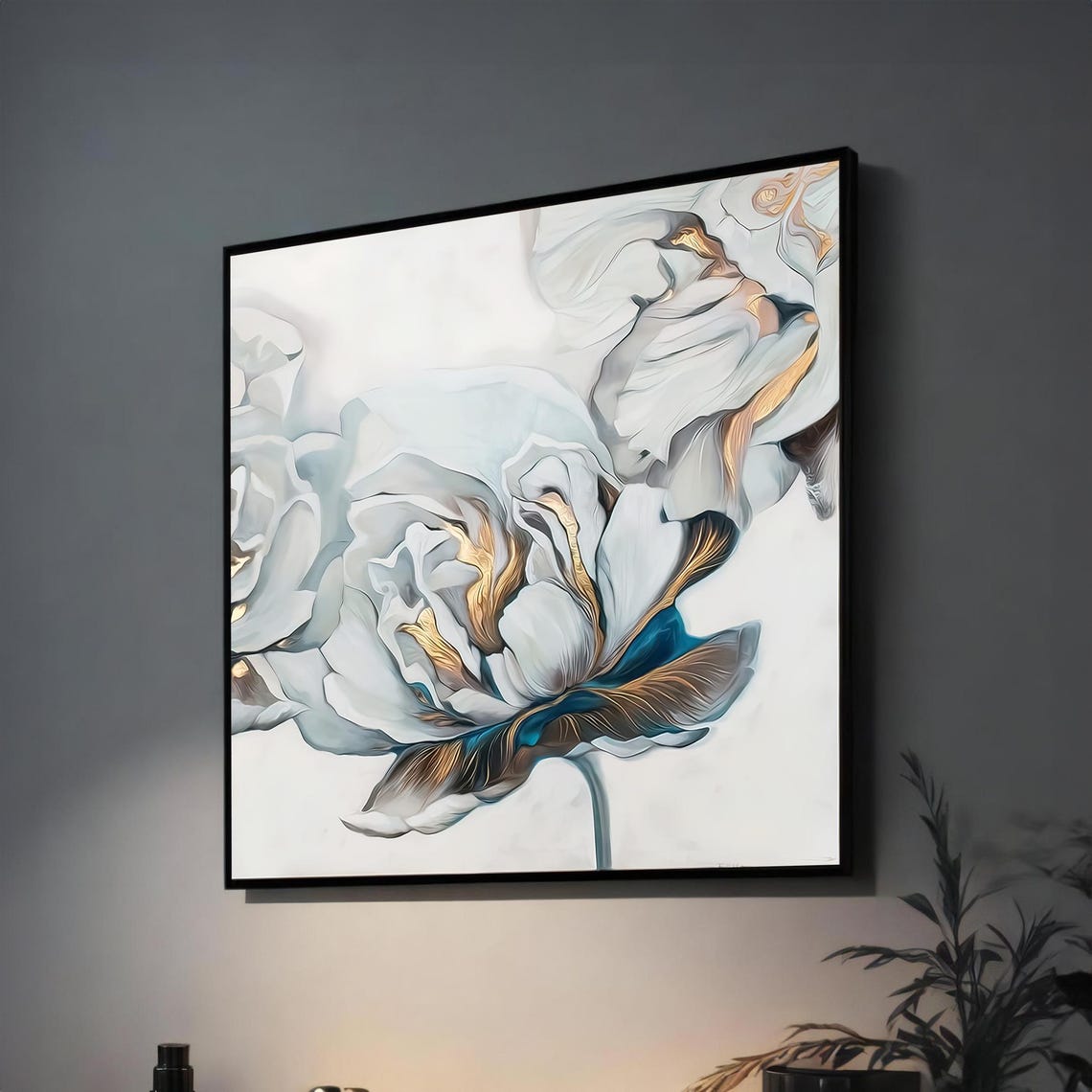White Peony With Blue and Gold Accents Large Modern Floral Art Poster