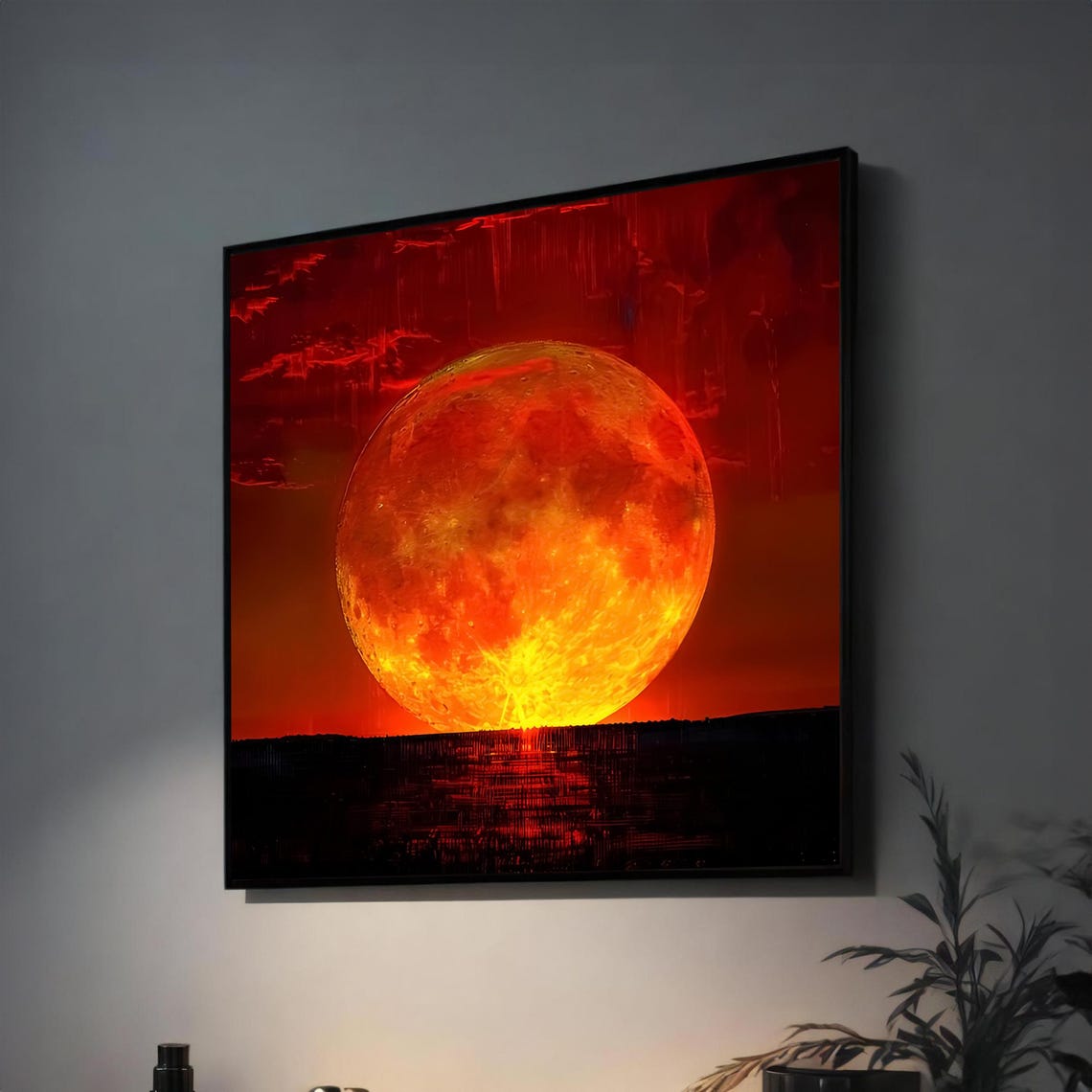 Fiery Sunset Over Horizon Vibrant Sun Art With Dramatic Orange Sky For Modern Wall Decor