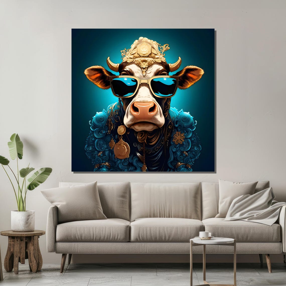 Funky Cow in Sunglasses Cool Animal Portrait Poster for Living Room - Image 2